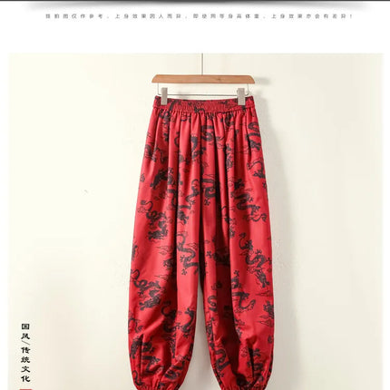 Pantaloni Lanterna da Uomo Stile Cinese Retrò Drago Rosso Casual Comodi Pantaloni Harun Moda Maschile Larghi a Gamba Larga Streetwear