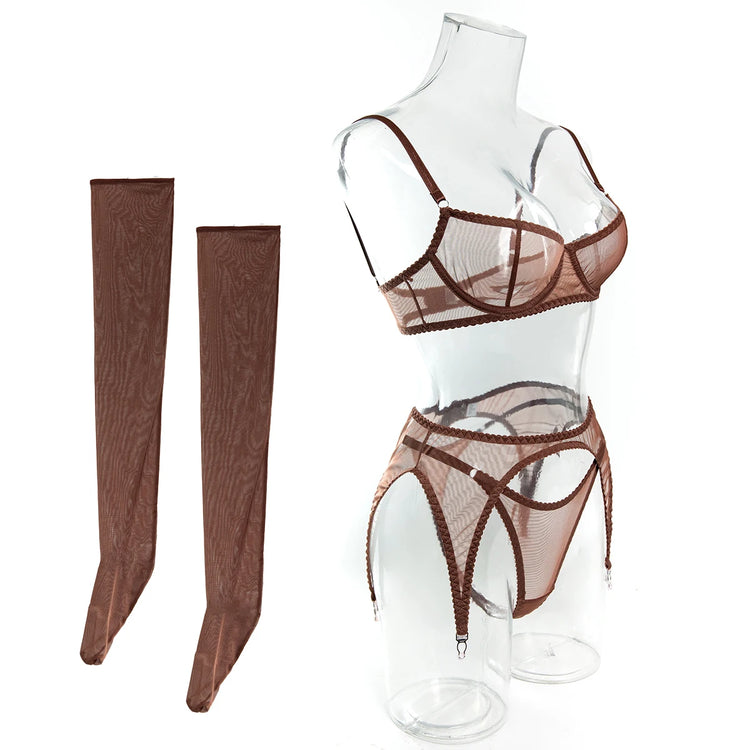 Krasapt Sexy Mesh See Through Lingerie 4 Piece Sets Woman Sheer Push Up Bras And Panties Garter Suits Erotic Intimate Outfits