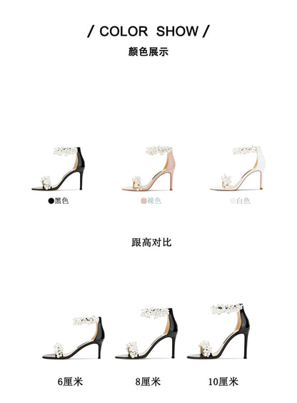 Summer new leather pearl ribbon sexy open-toe wedding shoes thin high-heeled banquet dress small size bag heel women's sandals