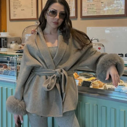 Solid Lace Up Faux Fur Sleeve Jacket Woman Elegant Mid-length V-neck Woolen Blend Coat Autumn Casual Fashion Scarf Outwear 2025