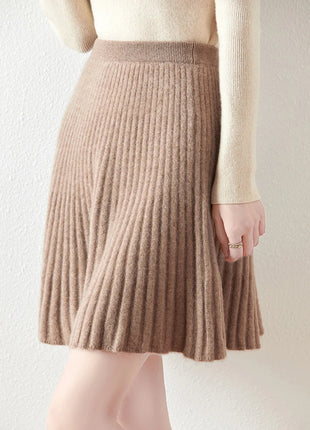 Korean Skirt 100% Merino Wool Women's Knitted Mini Skirt Autumn and Winter Women's Fashion Solid Color Small Umbrella Skirt PlatiNum