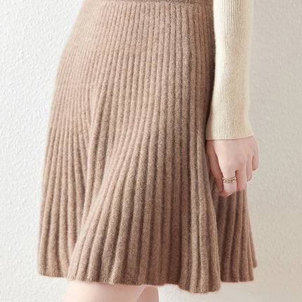Korean Skirt 100% Merino Wool Women's Knitted Mini Skirt Autumn and Winter Women's Fashion Solid Color Small Umbrella Skirt PlatiNum