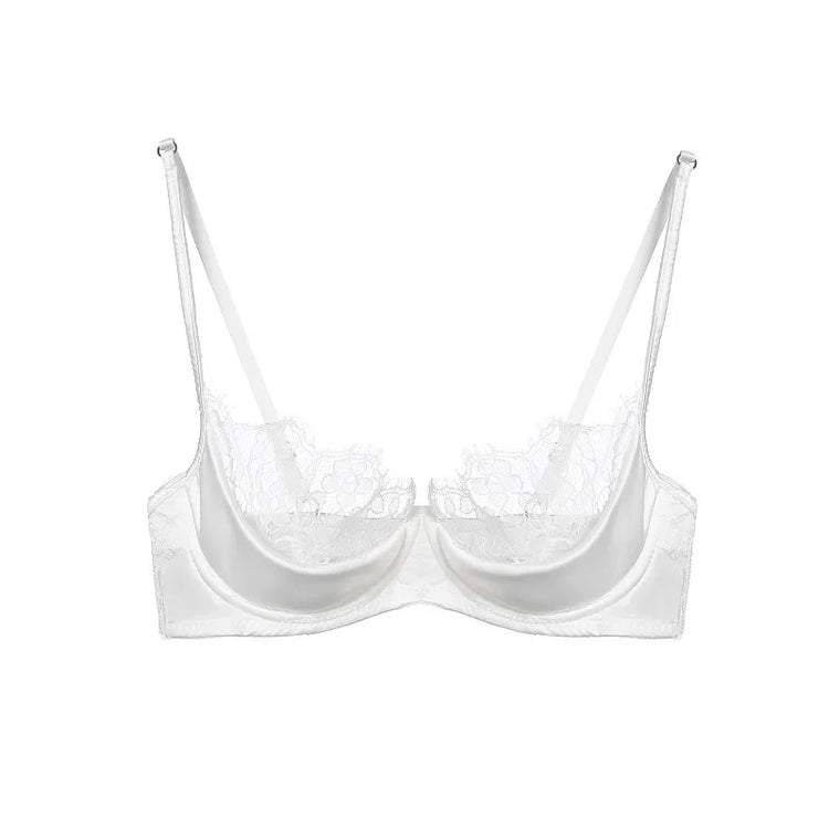 MOYISU No‑Wire French Lace Half‑Cup Bra Set Women Ultra‑Thin Transparent Green Lingerie, Daily Brassiere 32‑38 AB for Small Bust