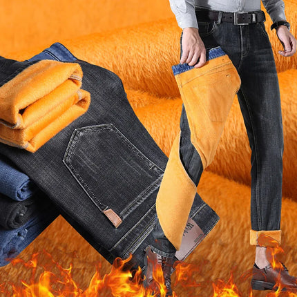 Winter Fleece Warm Straight Stretch Thermal Warm Flannel Work Denim Trousers Male Brand Clothing Men's Business Fashion Jeans
