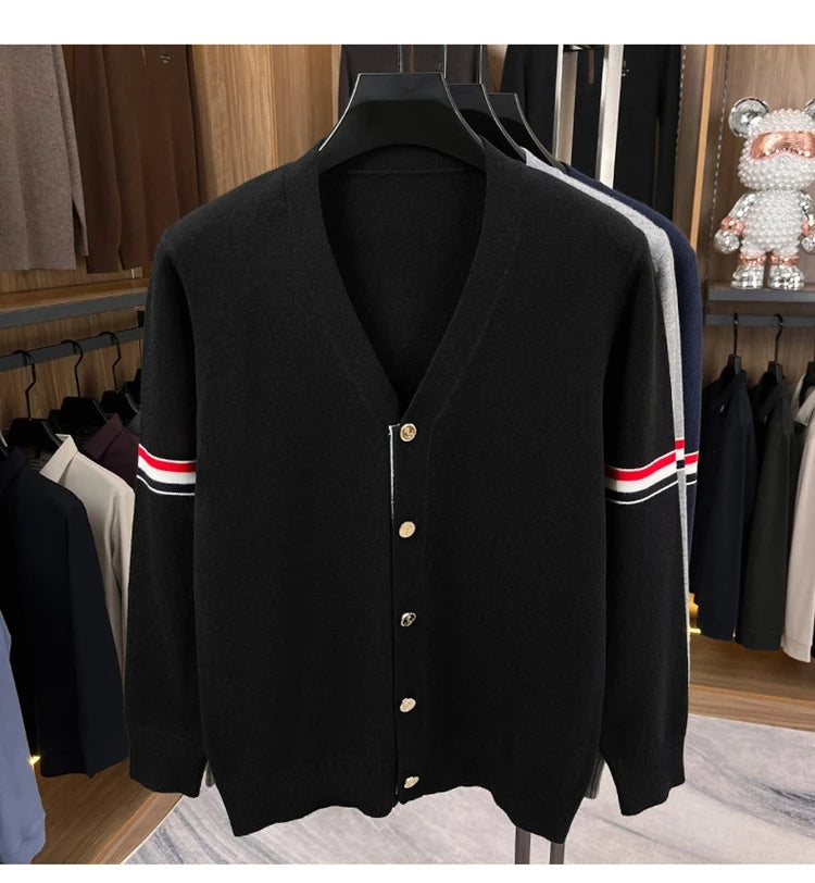 High End Brand Knitted Cardigan Men's Autumn Trend Color Blocked Striped Designer New shawl Korean Casual V-Neck sweater Coat