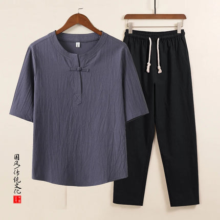 Set da due pezzi da uomo (camicie + pantaloni) in cotone di lino comodo abito Tang pantaloni Kungfu larghi nuova camicia casual retrò a maniche corte da uomo