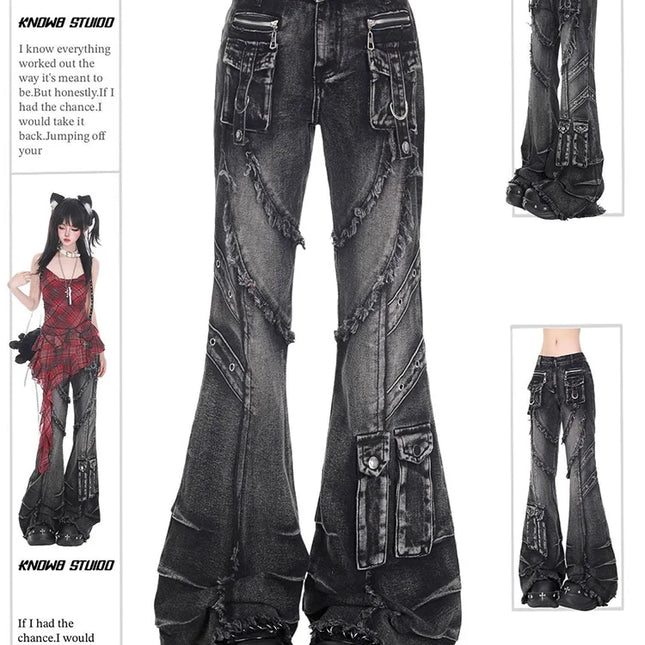Jeans larghi cargo gotici neri da donna Y2K American High Street 2000S Harajuku Estetica Vintage Jeans Pantaloni Pantaloni Abbigliamento