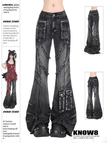 Jeans larghi cargo gotici neri da donna Y2K American High Street 2000S Harajuku Estetica Vintage Jeans Pantaloni Pantaloni Abbigliamento