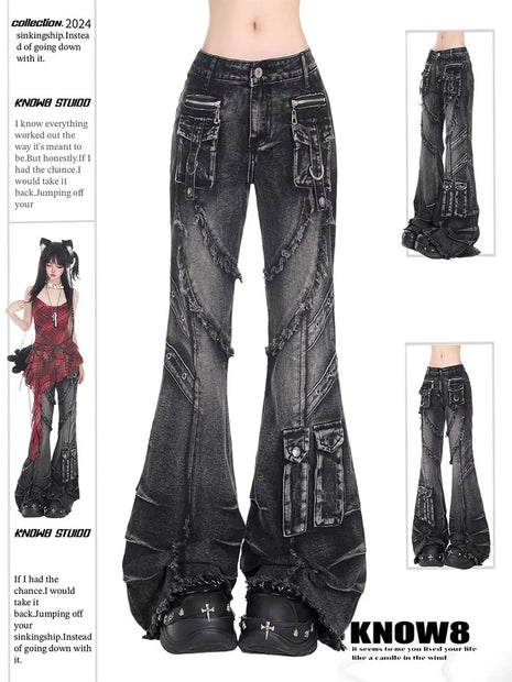 Jeans larghi cargo gotici neri da donna Y2K American High Street 2000S Harajuku Estetica Vintage Jeans Pantaloni Pantaloni Abbigliamento