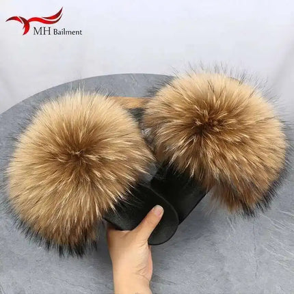 Real Raccoon Fur Slippers for Women 2023 Summer Fluffy Indoor Home Fuzzy Flat Slides Outdoor Fashion Beach Sandals Flip Flops