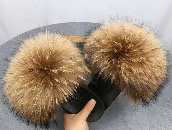 Real Raccoon Fur Slippers for Women 2023 Summer Fluffy Indoor Home Fuzzy Flat Slides Outdoor Fashion Beach Sandals Flip Flops