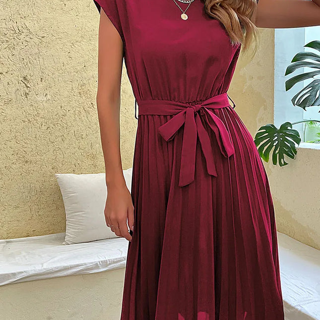 Elegante donna estate Casual spiaggia prendisole manica corta pieghettato vestito Midi Soild colore O collo tunica abiti moda