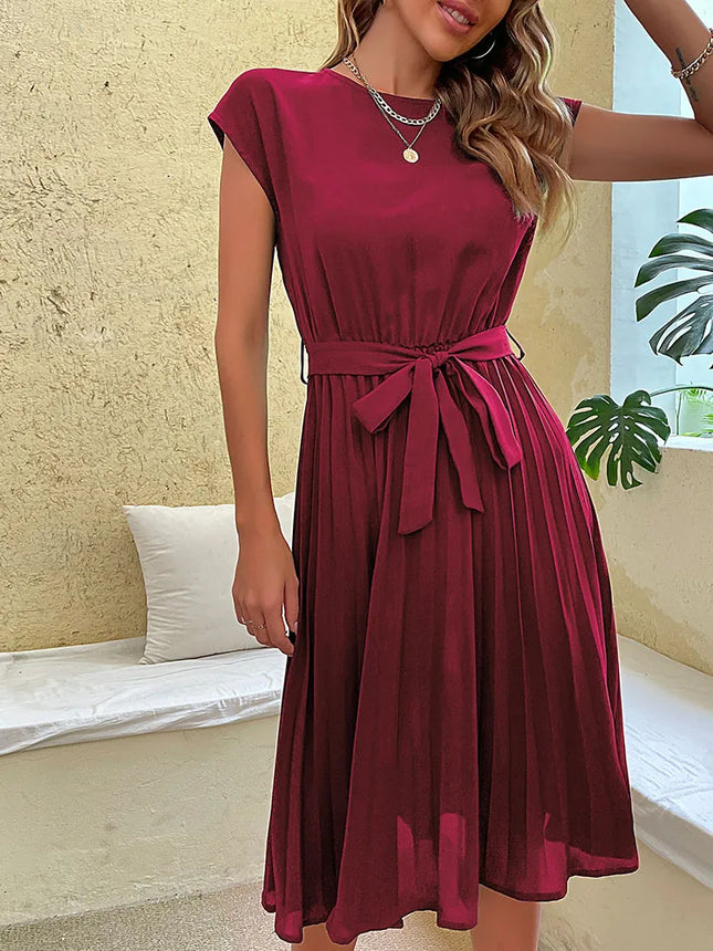 Elegant Women Summer Casual Beach Sundress Short Sleeve Pleated Midi Dress Solid Color O Neck Tunic Fashion Dresses