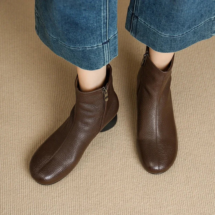 Women's Shoes Sheepskin Round Toe Side Zip 2027 Autumn Ankle Boots 4.5cm Thick Med Heel High Quality Soft Casual Short Booties
