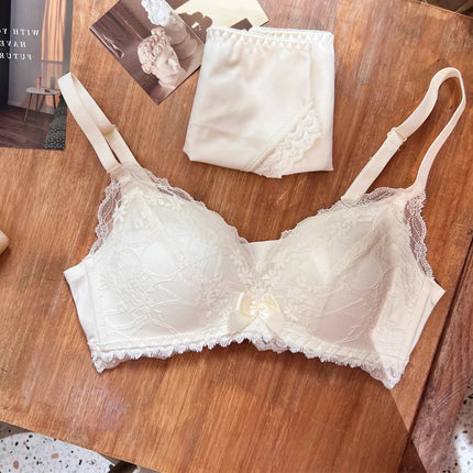French Lace Bra Wireless Push Up Bralette for Small Bust Adjustable Straps Anti Sagging Support Sexy Lace Up Lingerie Panty Set