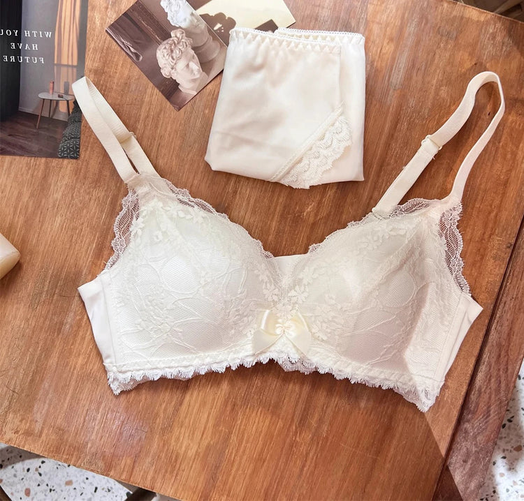French Lace Bra Wireless Push Up Bralette for Small Bust Adjustable Straps Anti Sagging Support Sexy Lace Up Lingerie Panty Set