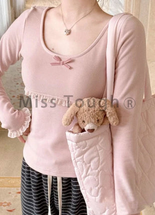 Autunno Inverno Nuovo Dolce Camicetta Rosa Donna Arco Girocollo Manica Lunga Sotto Il Strato Base Magliette e camicette Giapponese Kawaii Vestiti Sottili 2025