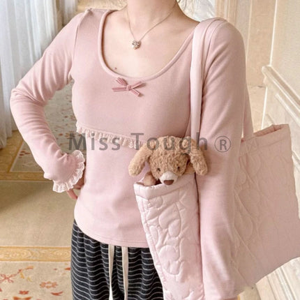 Autumn Winter New Sweet Pink Blouse Women Bow Round Neck Long Sleeve Base Layer T-Shirts & Blouses Japanese Kawaii Thin Clothes 2025