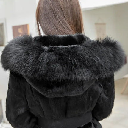 2025 Winter Coat Women Real Fur Fox Fur Coat Ladies Natural Rabbit Fur Jacket Long Hooded Fur Overcoat Wholesale Pockets Tops