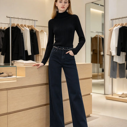 Women’s high-waisted, wide-leg jeans in dark blue raw denim; elegant, casual-style wide-leg trousers with a relaxed fit, perfect for the casual office and versatile everyday looks FX-1338-7