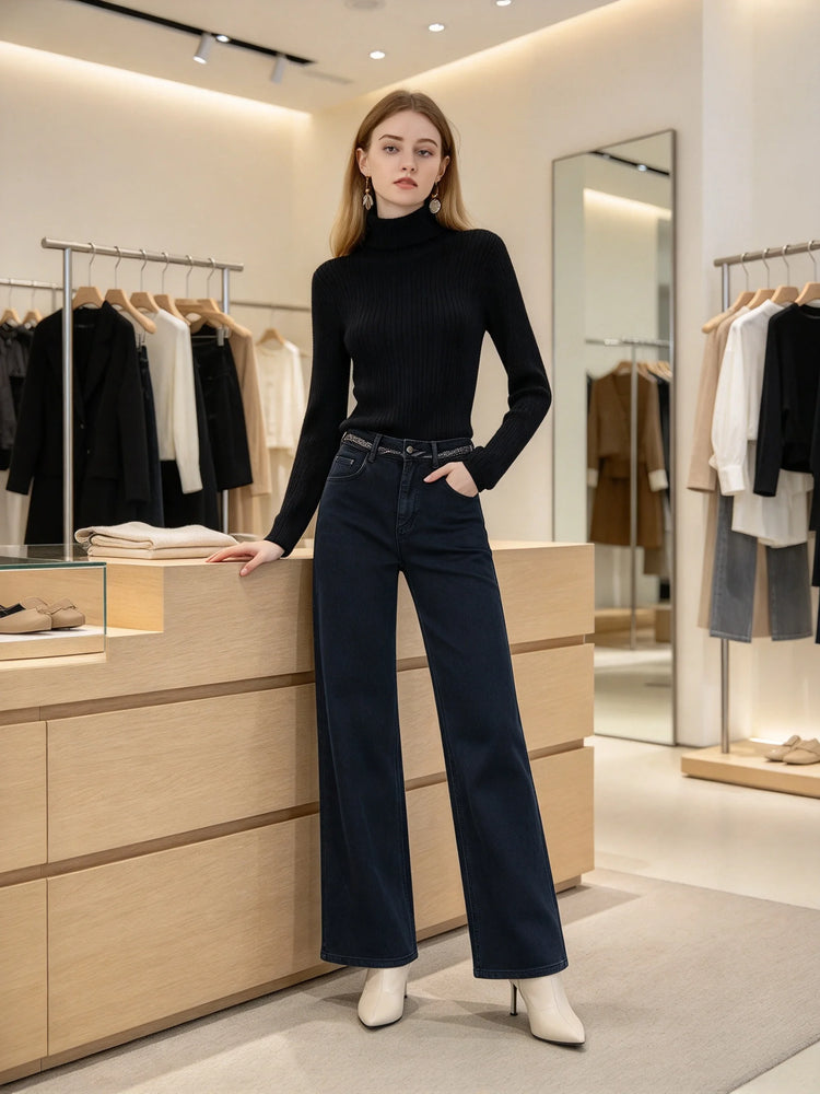 Women’s high-waisted, wide-leg jeans in dark blue raw denim; elegant, casual-style wide-leg trousers with a relaxed fit, perfect for the casual office and versatile everyday looks FX-1338-7