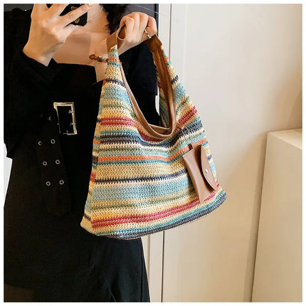 Hand-Woven Large Capacity Tote Bag for Women, Fashionable Commuter Bag, INS Style, Beach Bag for Daily Travel