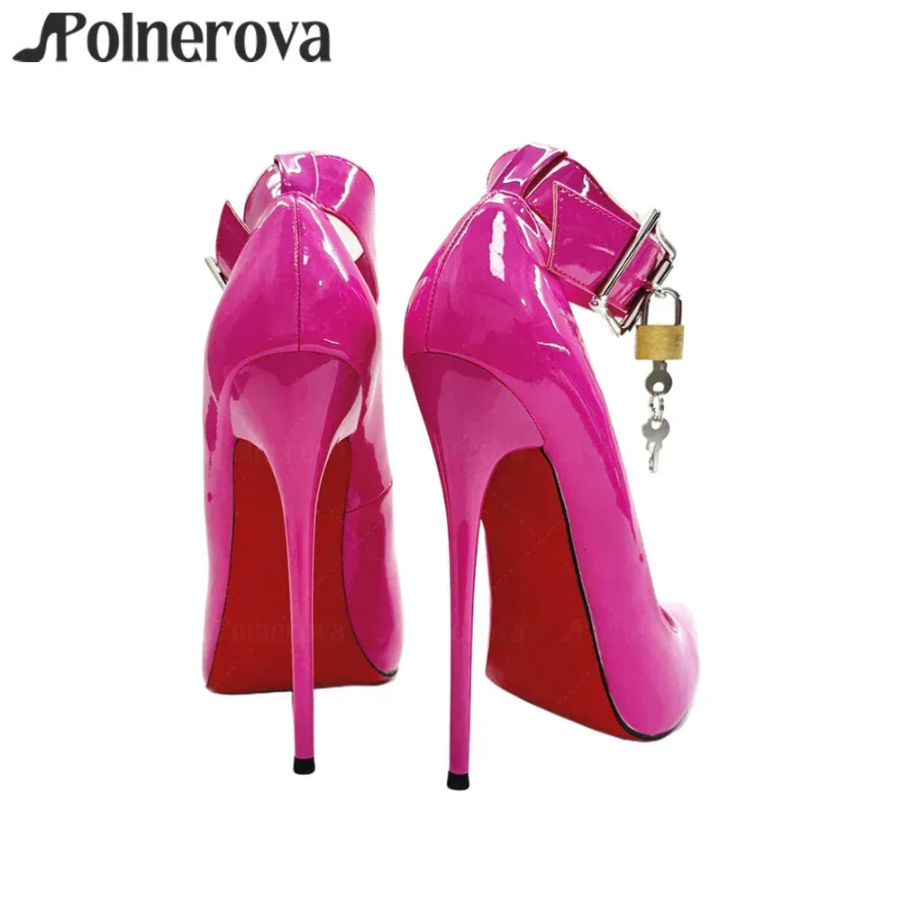 16cm Lock Pumps Sexy Pointed Stilettos Ankle Buckle Patent Leather High Heels Designer Metallic Lock Belt Buckle Lacquered Heels - PlatiNum