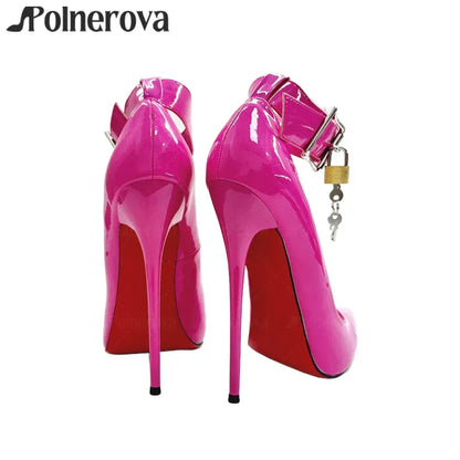 16cm Lock Pumps Sexy Pointed Stilettos Ankle Buckle Patent Leather High Heels Designer Metallic Lock Belt Buckle Lacquered Heels - PlatiNum