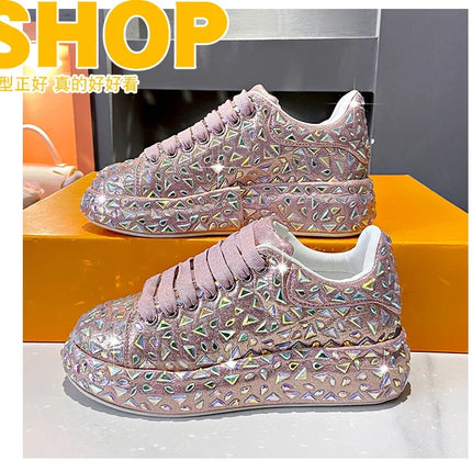 2025 Autumn Leather Women Shoes New Style Fashion Platform Shoes Ins Platforms Sneakers Tide Shine Bling Rhinestone Shoes