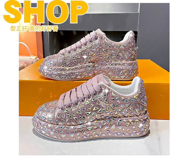 2025 Autumn Leather Women Shoes New Style Fashion Platform Shoes Ins Platforms Sneakers Tide Shine Bling Rhinestone Shoes