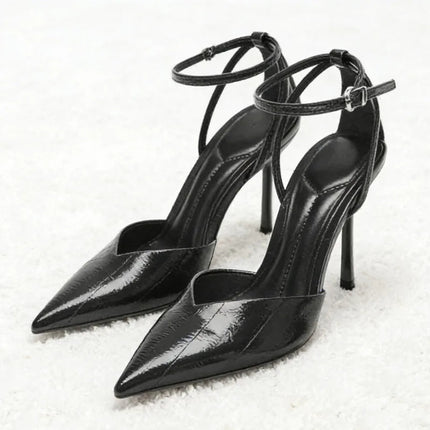 Designer Burgundy Red Ankle Strap Pumps Women Sexy Pointed-Toe Patent Leather High Heels for Ladies Elegant Party Dress Shoes PlatiNum