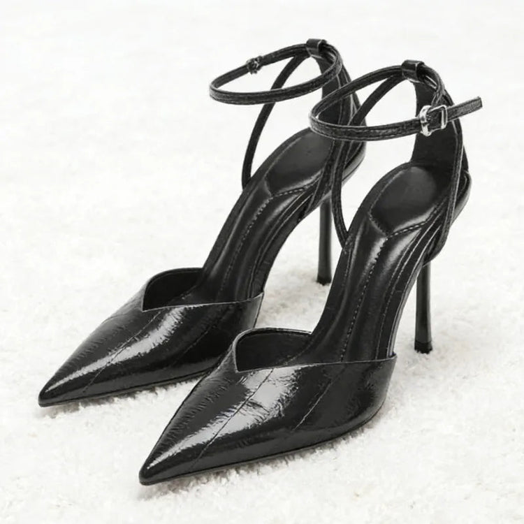 Designer Burgundy Red Ankle Strap Pumps Women Sexy Pointed-Toe Patent Leather High Heels for Ladies Elegant Party Dress Shoes PlatiNum