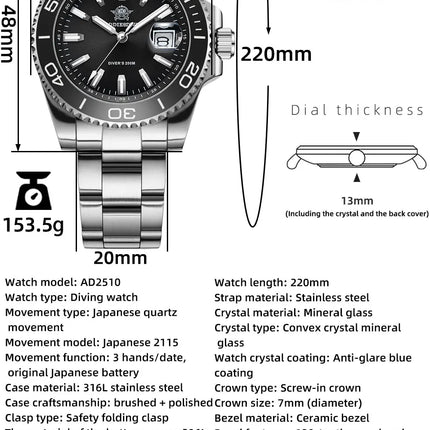 ADDIESDIVE 41MM Watch Men's AD2510 200m Waterproof Outdoor Sports Watch  Luminous Quartz Watch Relogios Masculino 316L Steel