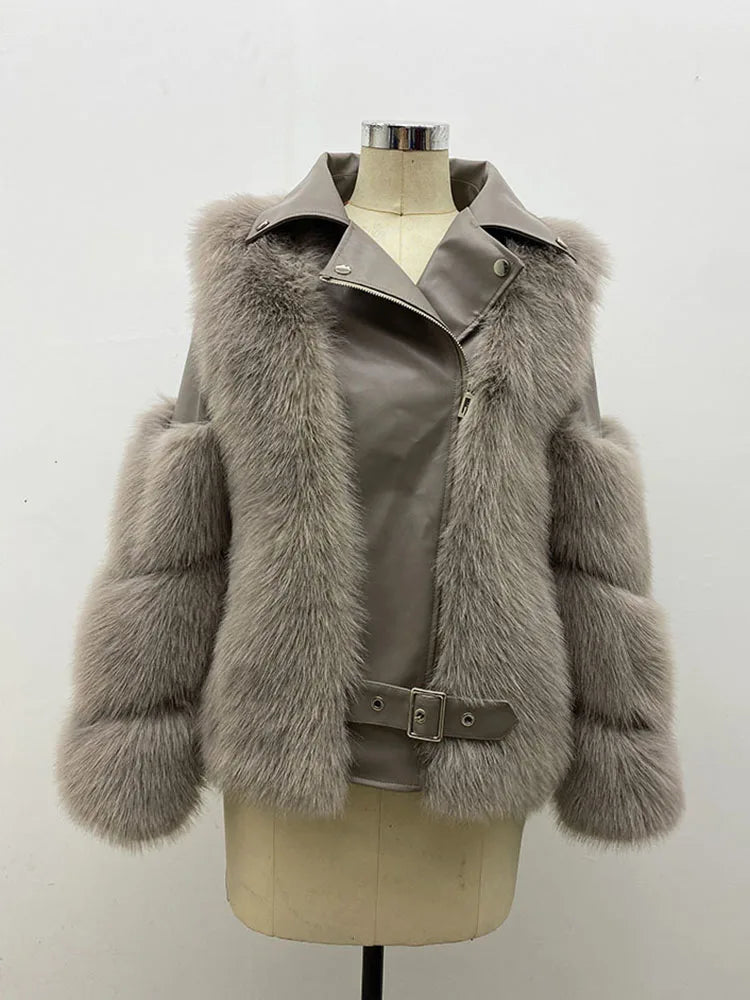 ZADORIN Top Fashion Luxury FAUX Fox Fur Coat Motorcycle PU Leather Turn Down Collar Warm Faux Fur Jacket Women Autumn Winter New