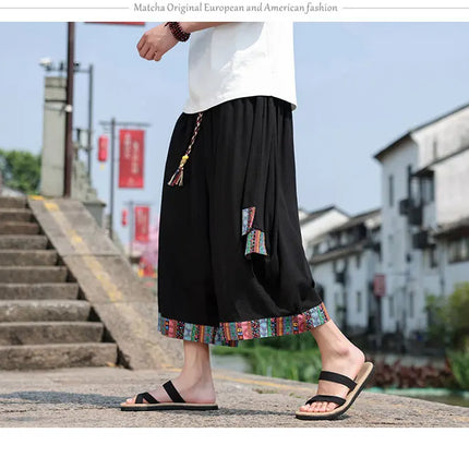 Pantaloncini kimono giapponese Costume da samurai in lino da uomo Ukiyo-e Cintura con stampa Pantaloni a gamba larga Retro Haori Pantaloni casual larghi Harajuku da uomo