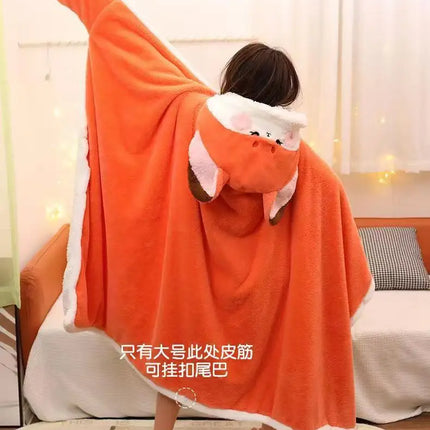 Winter Cartoon Fox Thick Wearable Blanket Nap Cloak Nightgown Office Blanket Adult Cloak