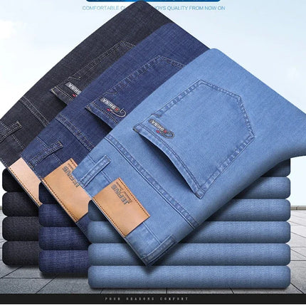 New Ice Silk Thin Denim Jeans for Men Blue Straight Stretch Cotton Denim Pant Business Casual Lightweight Trousers Spring Summer