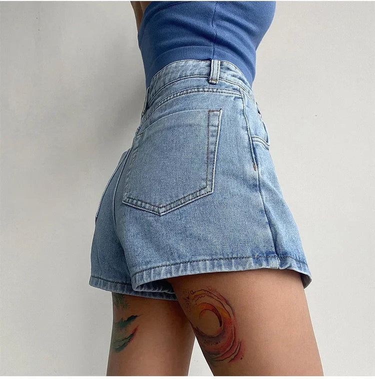 2025 Summer New Light-colored Slim Culottes High-waisted A-line Denim Shorts Casual Simple Non-elastic Women's Three-point Pants PlatiNum