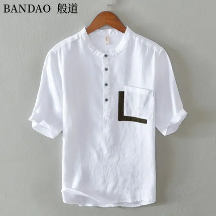 Men's High-End Loose Spring and Summer Chinese Style Short-Sleeved Cotton Linen Casual Breathable Shirt Collar T-shirt