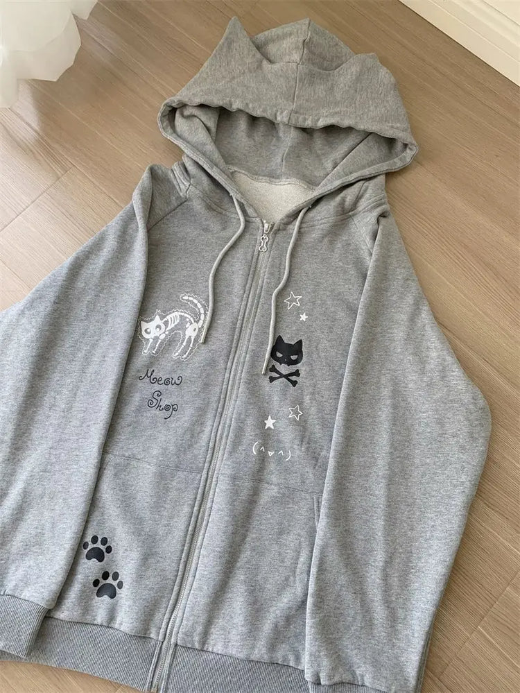 Zipper Hoodie Gothic Cartoon Kawaii Cat Ear Y2k Jacket Zip Up Thin Coat Spring Autumn Cute Core 2000s Clothes Fall Sweatshirts