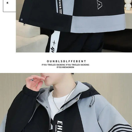 Spring Autumn Men's Hooded Jacket Loose Versatile Trendy Color Block Fashion Outerwear Windproof Thickened Long Sleeve Zipper