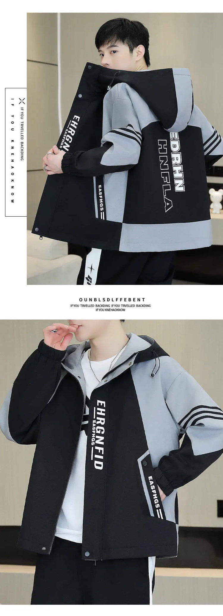 Spring Autumn Men's Hooded Jacket Loose Versatile Trendy Color Block Fashion Outerwear Windproof Thickened Long Sleeve Zipper