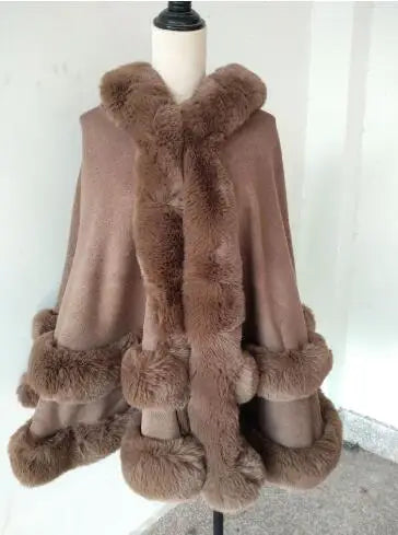 7 Colors Winter Shawl Warm Thick Cappa Coat Two Circle Faux Fox Fur Loose Poncho Cloak With Hat Women Big Pendulum Cardigan Cape