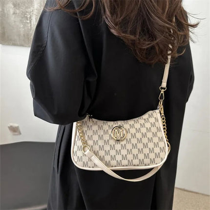 Vintage Style Handbag Crossbody Bag, Gold Letter 'M' Design Pu Leather Shoulder Messenger Bag, Synthetic Leather Tote Bag, Purse PlatiNum
