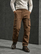 Men's Solid Cargo Pants Multi Pocket Drawstring Waist Straight Leg Casual Workwear Trousers Outdoor Streetwear Pants