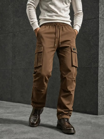 Men's Solid Cargo Pants Multi Pocket Drawstring Waist Straight Leg Casual Workwear Trousers Outdoor Streetwear Pants