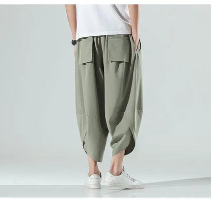 Pantaloncini Estivi da Uomo Stile Cinese Harajuku, Pantaloni Harem Oversize, Pantaloni Vintage Traspiranti a Tinta Unita, Lunghezza al Polpaccio