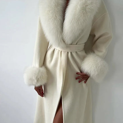 Women's Solid Color Lace Up Fur Collar Woolen Overcoat Bathrobe Style Long Loose Coat Advanced Atmosphere Autumn Winter Overwear