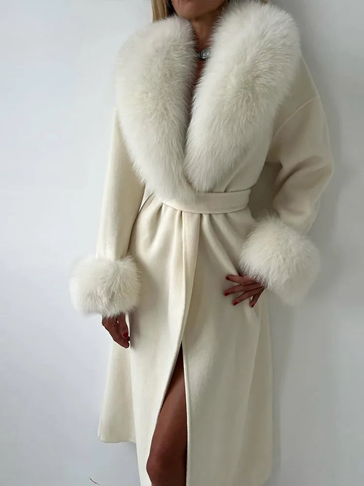 Women's Solid Color Lace Up Fur Collar Woolen Overcoat Bathrobe Style Long Loose Coat Advanced Atmosphere Autumn Winter Overwear