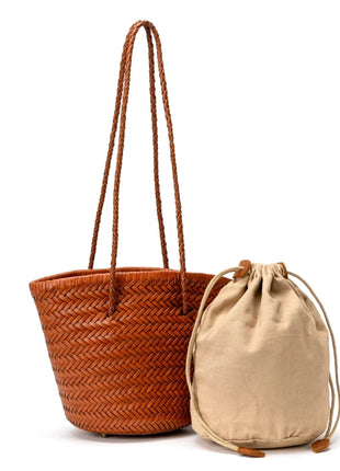 Borsa a secchiello intrecciata a mano 2026 in vera pelle, borsa a tracolla vintage da donna per uso quotidiano, pendolarismo e vacanze